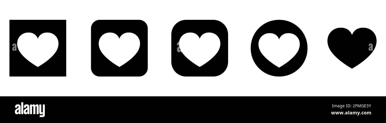 Icone dei vettori cardiaci. Set di simboli d'amore su sfondo bianco. Illustrazione vettoriale. Concetto di amore. Pulsante nero Illustrazione Vettoriale