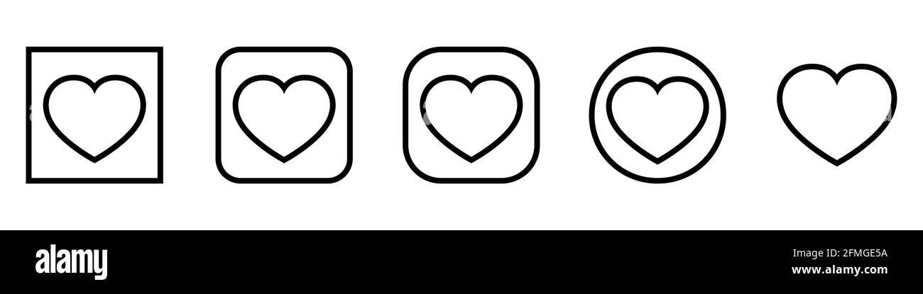 Icone dei vettori cardiaci. Set di simboli d'amore su sfondo bianco. Illustrazione vettoriale. Concetto di amore. Pulsante nero Illustrazione Vettoriale