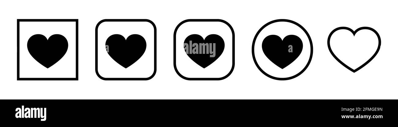 Icone dei vettori cardiaci. Set di simboli d'amore su sfondo bianco. Illustrazione vettoriale. Concetto di amore. Pulsante nero Illustrazione Vettoriale