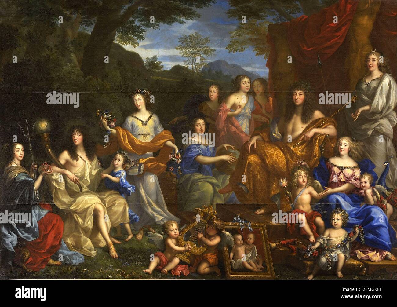 Jean Nocret - Luigi XIV e Famiglia reale - da destra - Henrietta Maria di Francia, Regina d'Inghilterra; il duca Filippo d'Orléans (Monsieur); la figlia Maria Luisa d'Orléans; la moglie Henrietta Anna Stuart, Duchessa d'Orleans e Principessa d'Inghilterra; la regina Madre Anna d'Austria; Nella foto i figli defunti del re; Re Luigi XIV; il delfino Luigi; la Regina Maria Teresa di Spagna; Anna Maria Luisa d'Orléans (la Grande Mademoiselle) Foto Stock