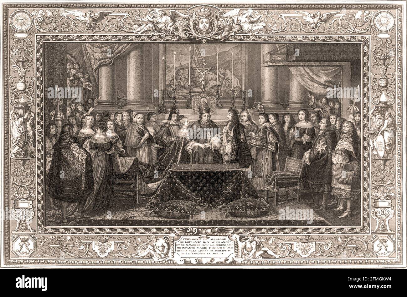 La solennizzazione del matrimonio tra Luigi XIV, re di Francia, e Maria Teresa d'Austria, figlia di Filippo IV, re di Spagna, nel 1660 Foto Stock