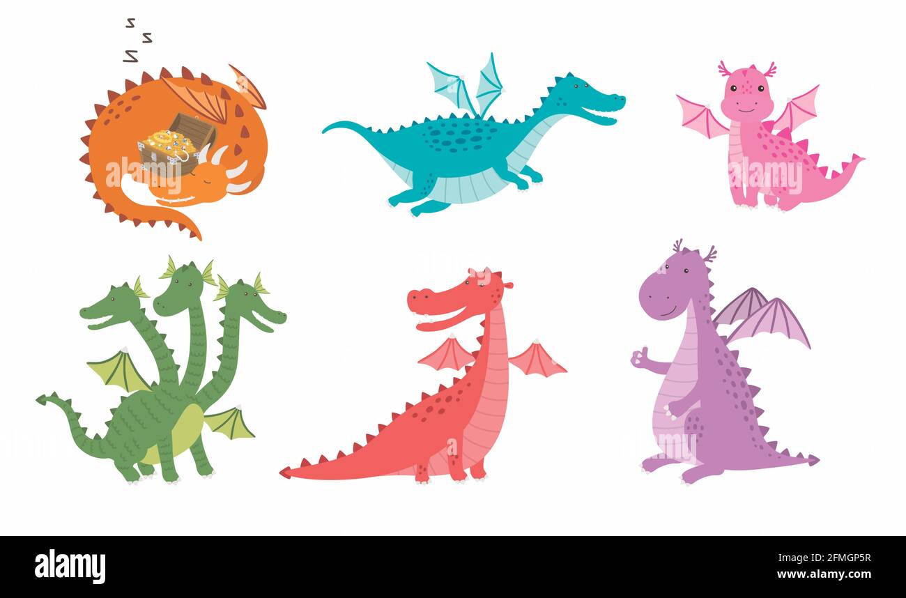 Vettoriale Imposta immagini cartoon di draghi divertenti di colori e forme differenti in pose diverse su uno sfondo bianco. Illustrazione Vettoriale
