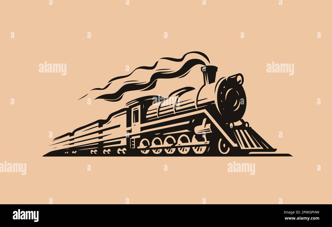 Schizzo di trasporto della locomotiva a vapore retrò. Immagine vettoriale vintage simbolo del treno Illustrazione Vettoriale
