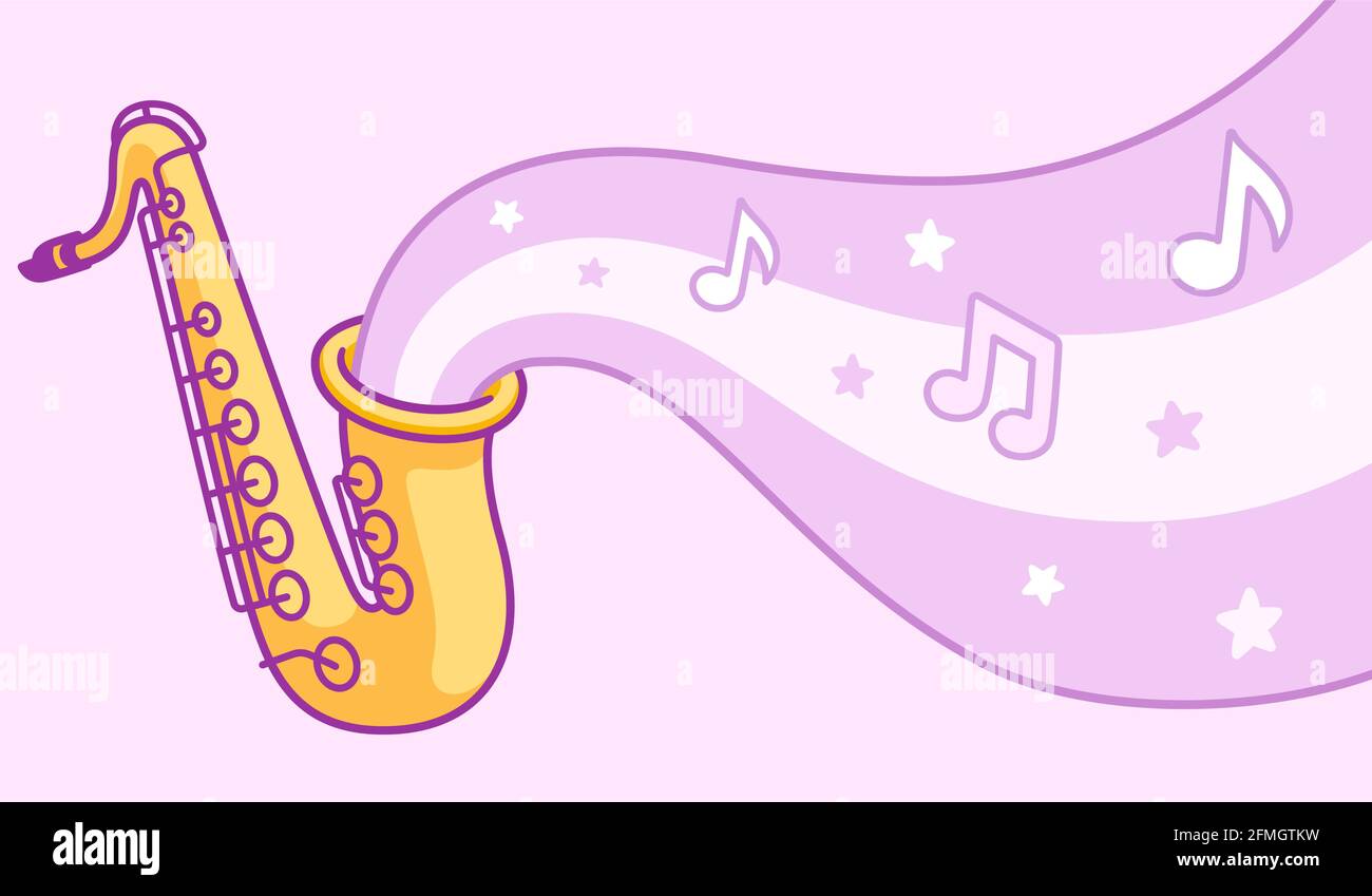 Cartoon jazz banner o poster con sassofono che suona musica, note e stelle. Semplice disegno carino, immagine vettoriale isolata clip art. Illustrazione Vettoriale