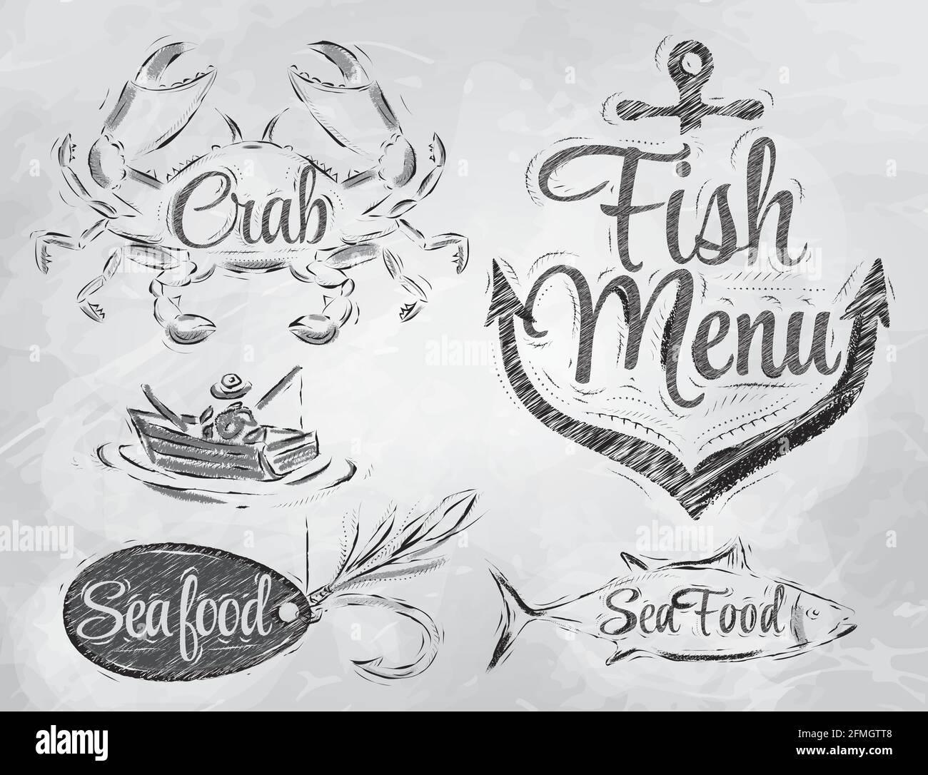 Set collezione di frutti di mare e menu di pesce con pescatore di granchio e pesce e ancora esca gancio e stilizzato per il disegno in carbone su bordo Illustrazione Vettoriale