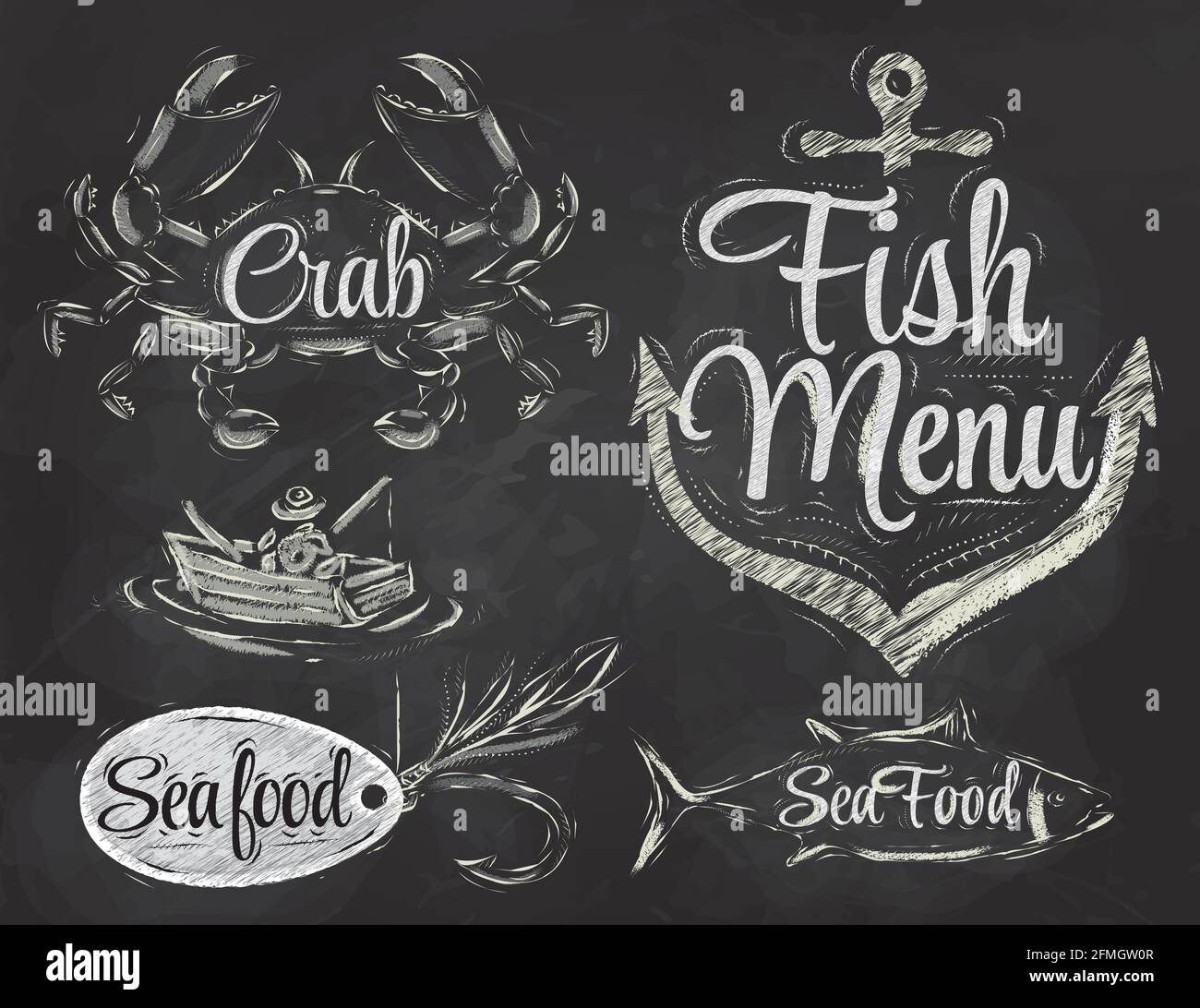 Set collezione di frutti di mare e menu di pesce con pescatore di granchio e pesce e ancora esca gancio e stilizzato per il disegno con gesso sulla lavagna Illustrazione Vettoriale