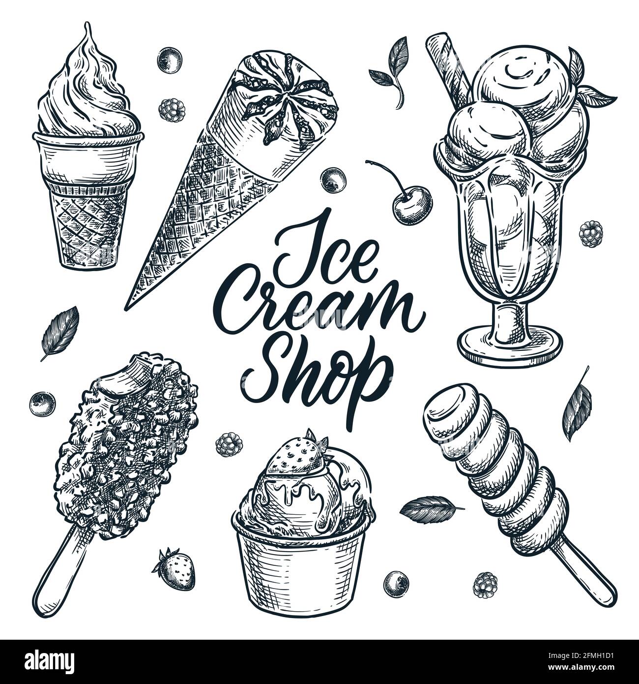 Set di elementi di design per gelaterie o caffè, isolati su sfondo bianco. Disegno grafico vettoriale a mano del dessert estivo e degli spuntini Illustrazione Vettoriale