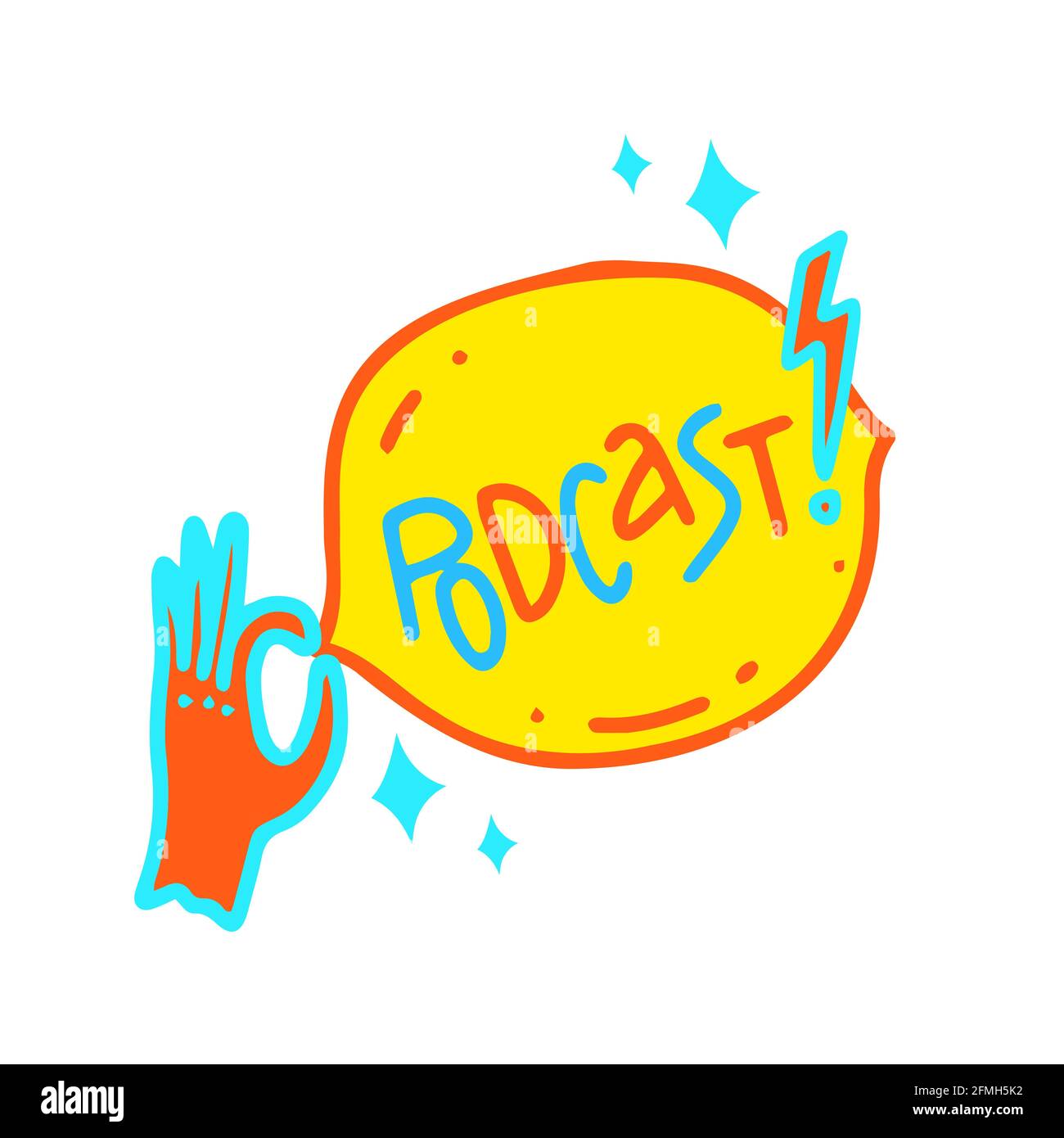 Logo podcast in stile doodle cartoon con fumetti bolla e mano. Divertente iscrizione del titolo scritta, parola in palloncino parlato. Ottimo per podcasting, cale Illustrazione Vettoriale