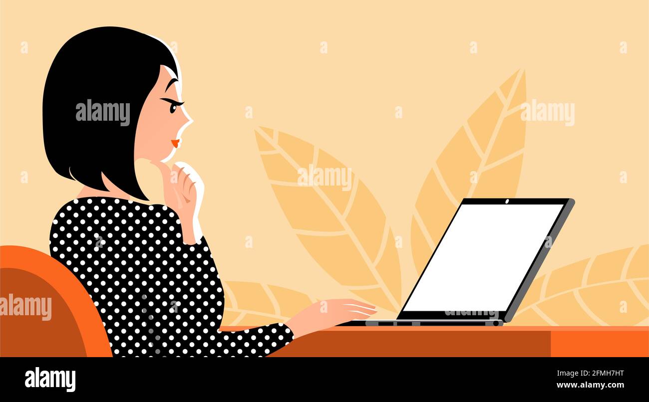 Donne in affari nel processo di lavoro. Ragazza asiatica. Desktop e  notebook. Posiziona per il testo. Illustrazione cartoon Foto stock - Alamy