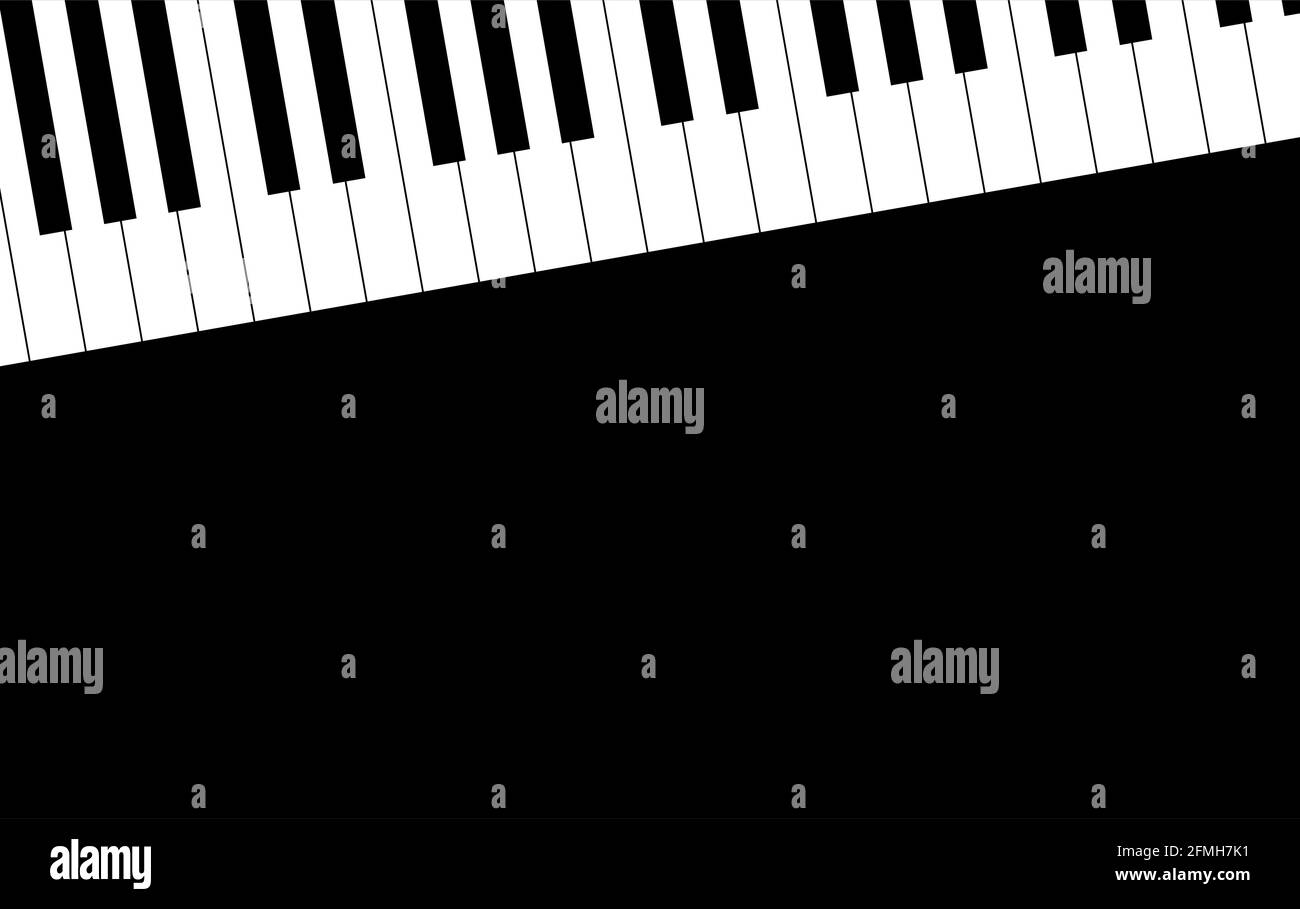 La tastiera del pianoforte. Strumento musicale classico. Vista dall'alto. Modello di sfondo nero con posizione per il testo. Illustrazione piatta. Foto Stock