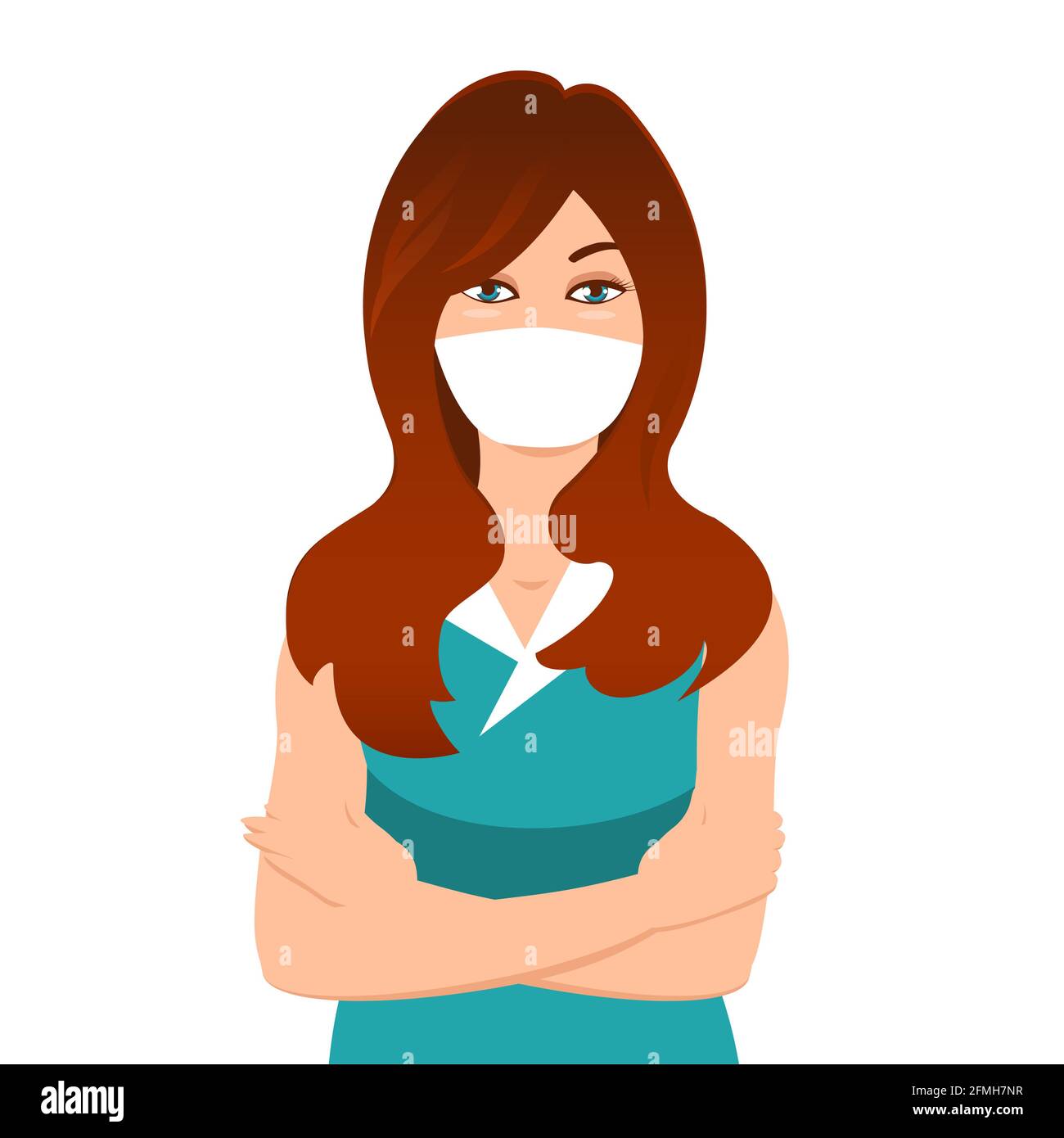 Ragazza mascherata durante un'epidemia. Mani sul petto. Illustrazione cartoon su sfondo bianco Foto Stock