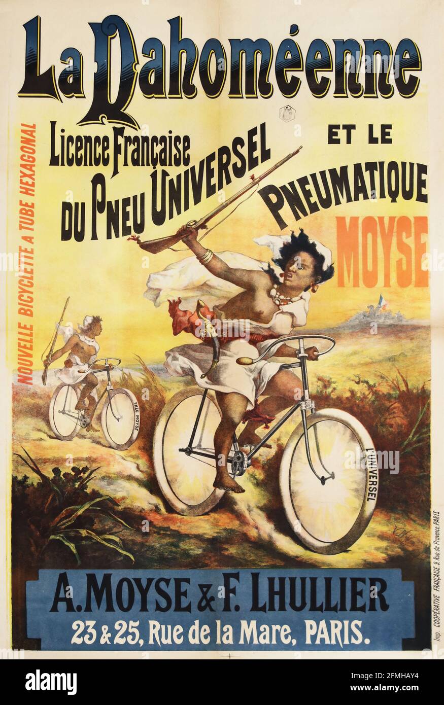 La Dahoméenne. Licenza Francaise du Pneu Universel. Moyse. Poster della pubblicità sulla bicicletta. Vecchio e vintage. Foto Stock