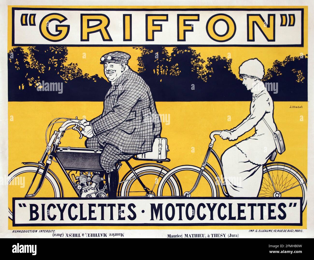 Biciclette Griffon / Motociclette. Biciclette e moto. Poster della pubblicità sulla bicicletta. Vecchio e vintage. Foto Stock