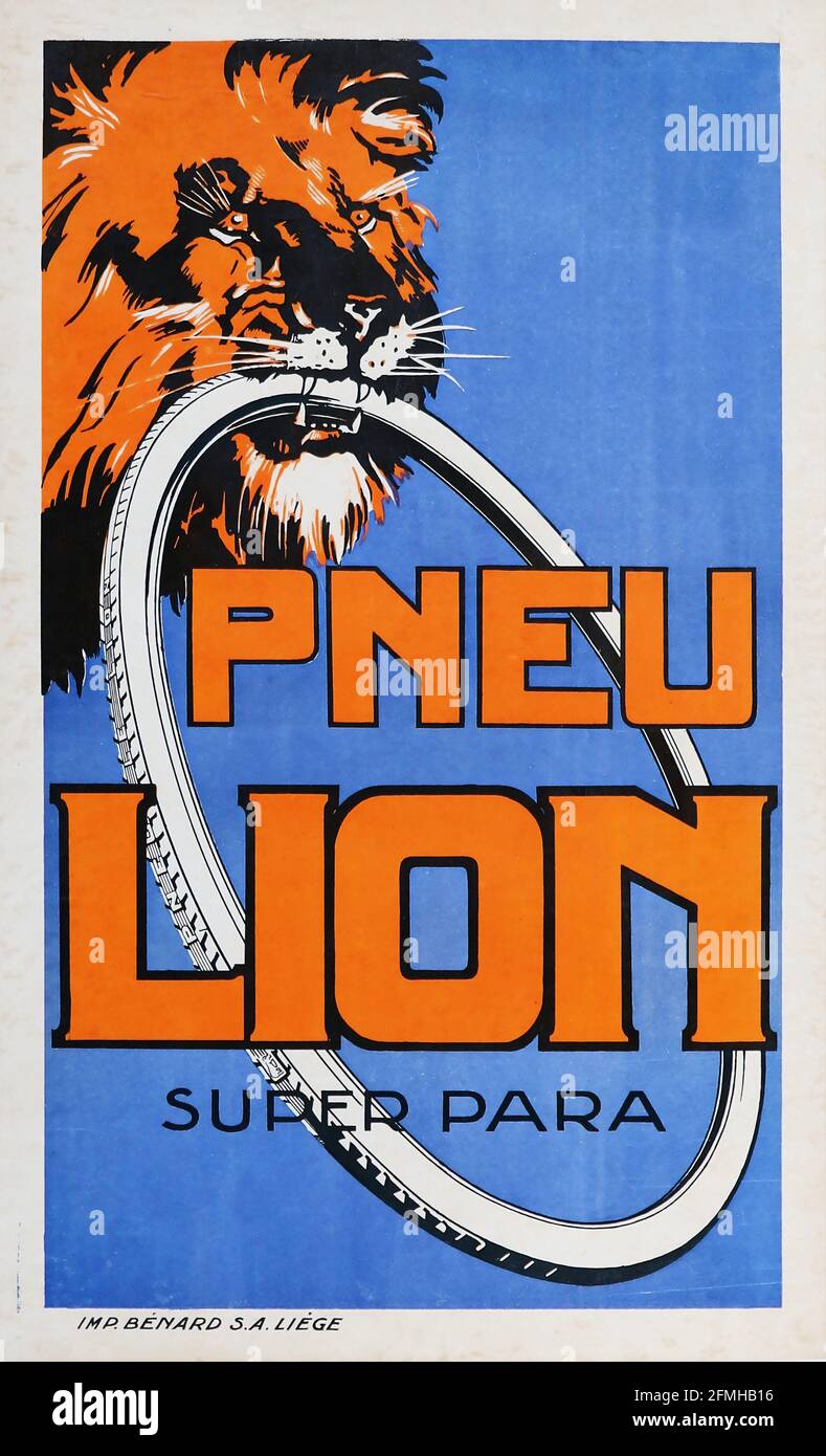 Poster pubblicitario Pneu Lion Super Para Cycle Tyres. Vecchio e vintage.  Lion masticare su uno pneumatico Foto stock - Alamy