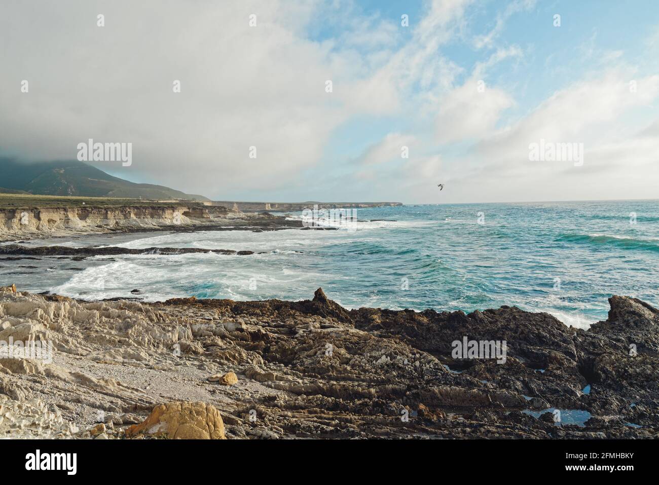 Scogliere rocciose sulla spiaggia e turchesi onde di mare, bellissimo cielo nuvoloso sfondo California Central Coast Foto Stock