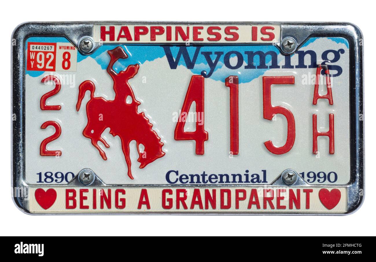 Vecchia targa standard del Wyoming - Centennial Edition e cornice con  slogan „Happiness is bing a Grandparent", anni '90 Foto stock - Alamy