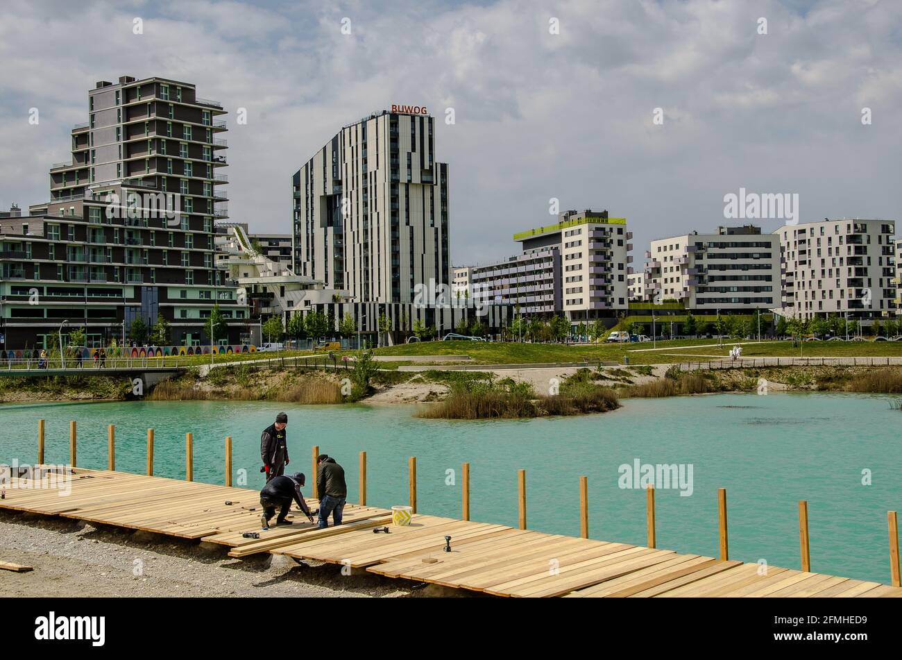 Aspern Seestadt (Lakeside City) è uno dei più grandi progetti di sviluppo urbano d’Europa. Situato nel ventiduesimo distretto nord-orientale di Vienna, in rapida crescita Foto Stock