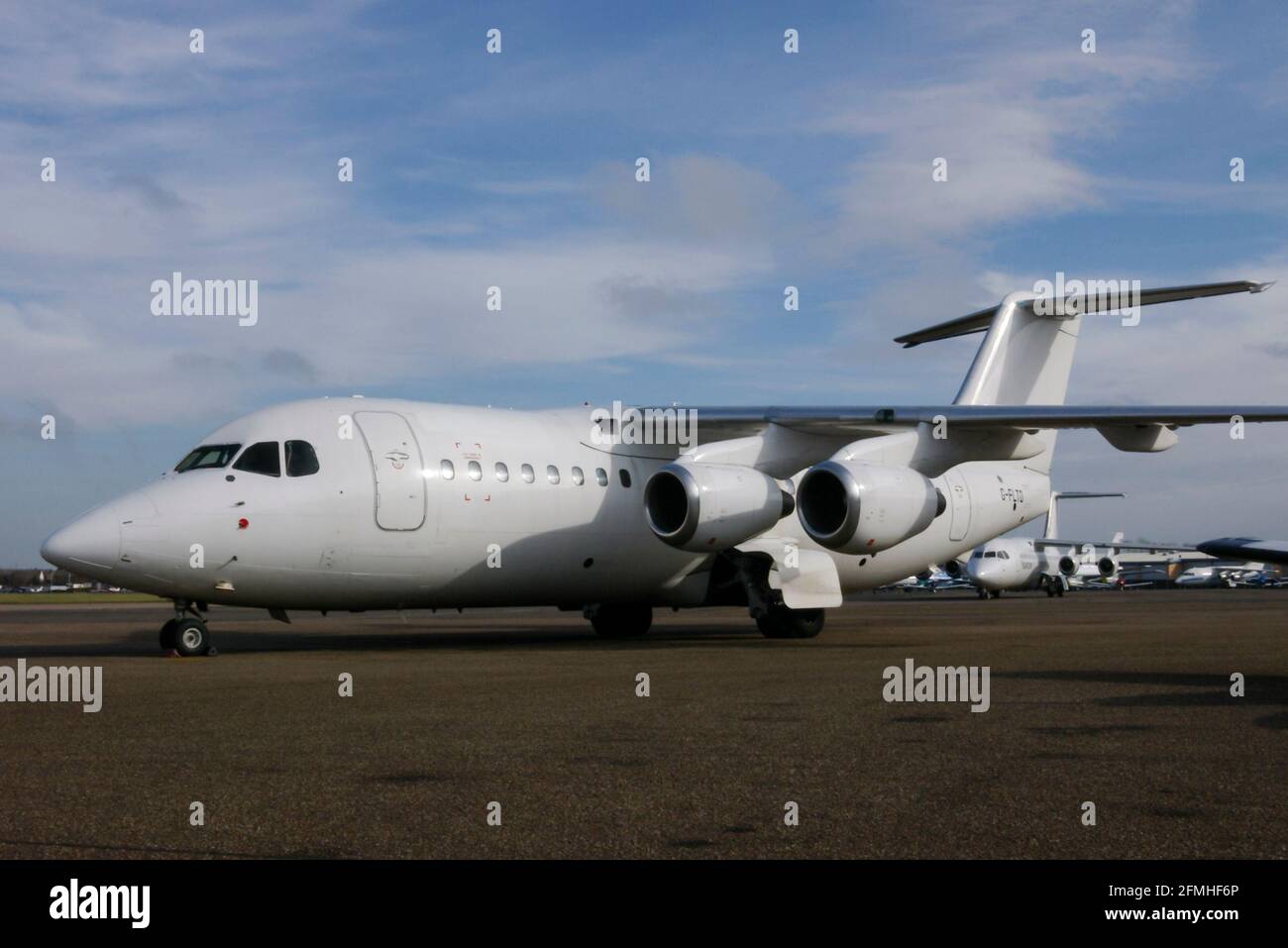 British Aerospace 146 jet Airliner aereo G-FLTD della compagnia aerea ad hoc Flightline all'aeroporto Southend di Londra, Essex, Regno Unito. Flotta di BAe bianco 146 jet Foto Stock