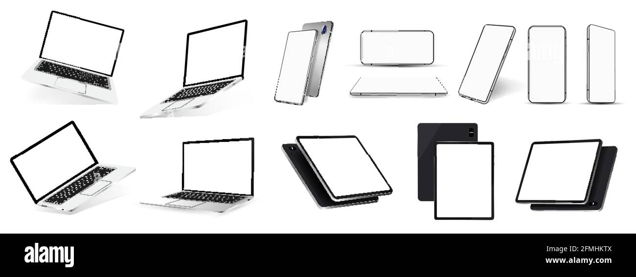 Gadget realistici e mockup di dispositivi: Smartphone, tablet e notebook 3D realistici in una varietà di angolazioni. Isometrica, frontale, prospettica. Gadget Illustrazione Vettoriale