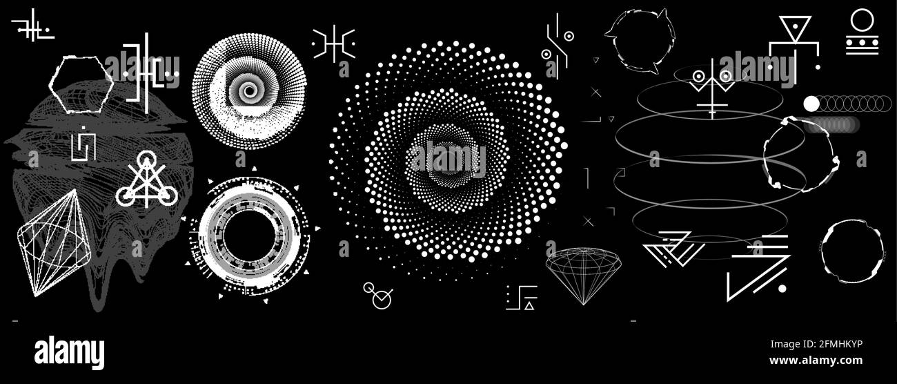 Fantasy forme astratte in stile minimalista. Elementi futuristici e corpi astronomici, segni alieni, simboli enigmatici alchemici, oggetti 3D e. Illustrazione Vettoriale