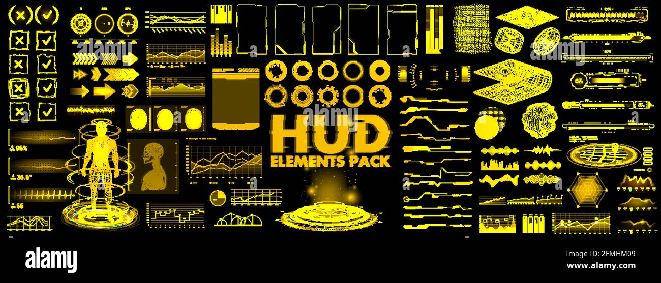 Collezione scifi HUD, GUI, interfaccia utente per il gaming, l'app e il design VR. Scatola grafica futuristica realtà virtuale, set di grandi elementi. UI - grafici, digitali Illustrazione Vettoriale
