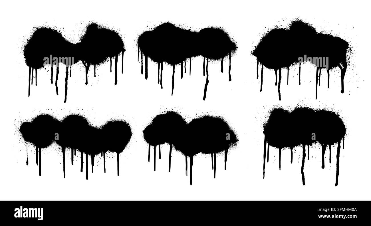 Impostare il modello di stampino graffiti spray. Raccolta isolata con vernice gocciolante, sbavature e gocce. Tastatura di alto livello grunge. Layout di arte urbana per il testo Illustrazione Vettoriale