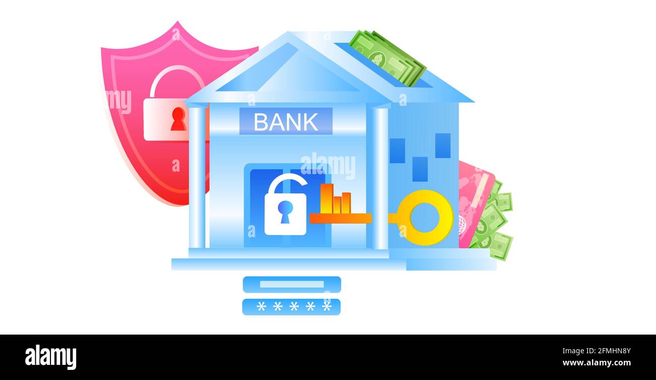 edificio bancario sotto protezione grande scudo di sicurezza piena copertura proprietà assicurazione pagamento sicuro Illustrazione Vettoriale