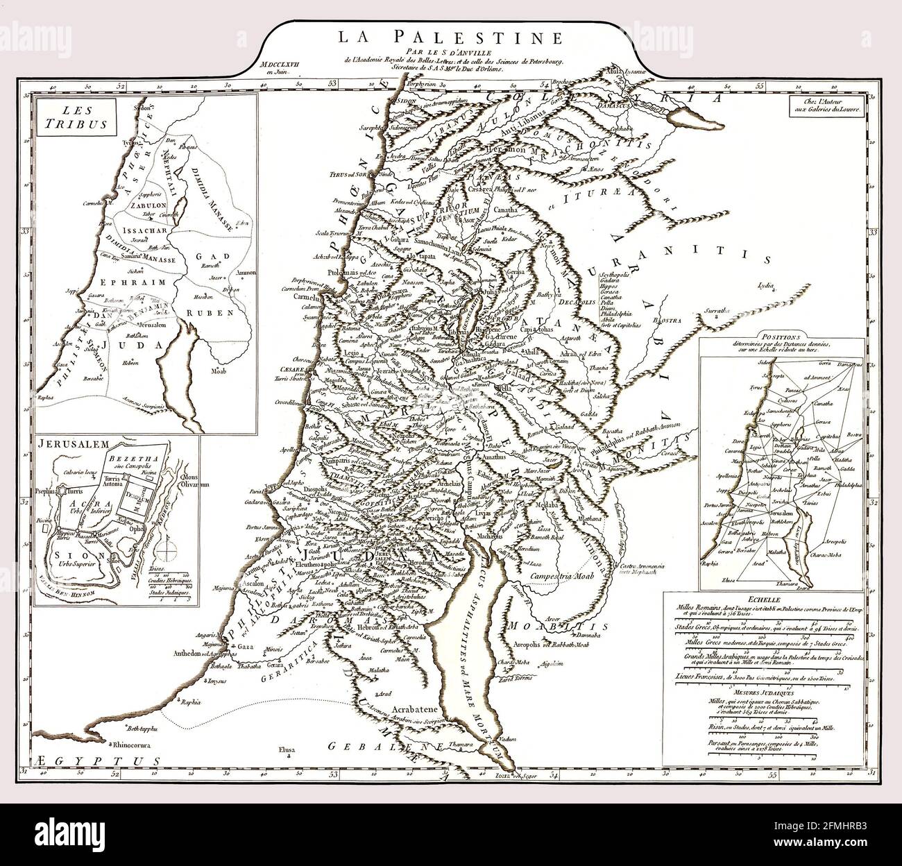 Riproduzione migliorata restaurata di un'antica mappa dettagliata della Palestina intorno al 1767 raffigurante l'area conosciuta come Palestina e Israele moderno. La mappa presenta tre mappe di inserimento, tra cui una di Gerusalemme. Foto Stock