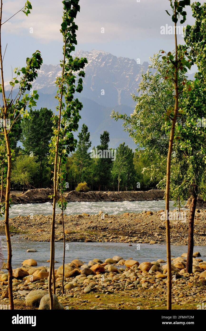 Vista panoramica sul fiume Lidder o Liddar, si trova nella Valle del Kashmir, Jammu e Kashmir, India Foto Stock