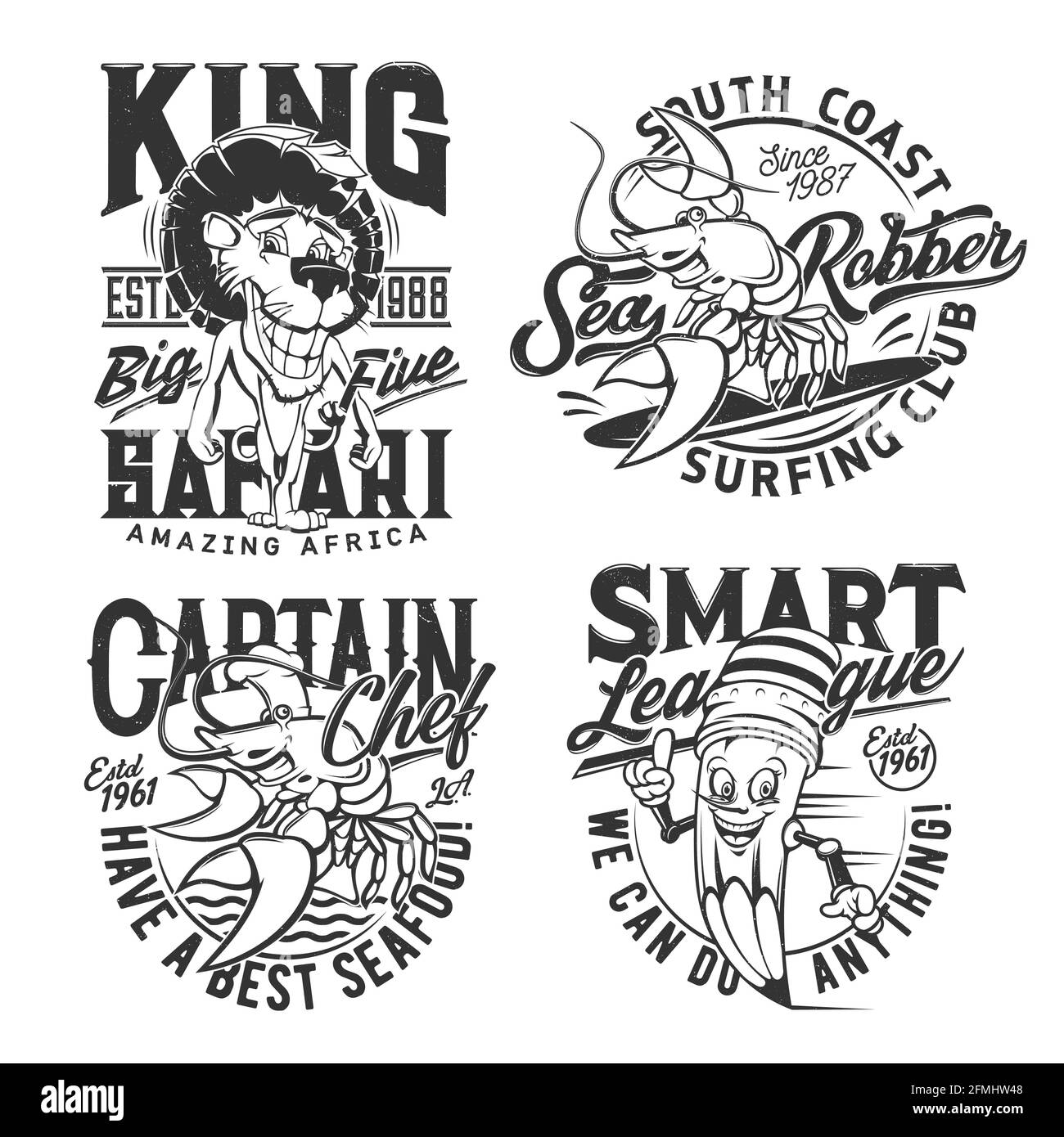 Stampe T-shirt, surf in mare, club di caccia safari e smart League, badge vettoriali. Cartoon Leone africano per la caccia safari, granchio di aragosta come capitano o capo Illustrazione Vettoriale