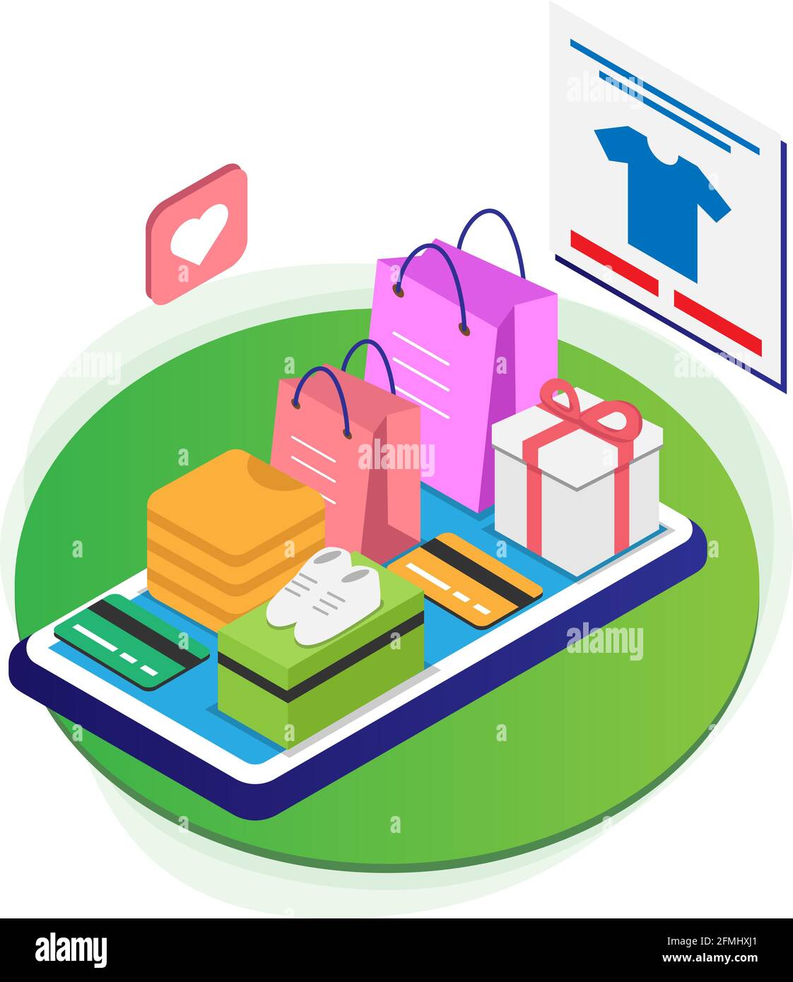E-Commerce Isometrica Illustrazione moderna Vector con Shopping Borse, regali, Scarpe, Amore, Moda e carte di credito Illustrazione Vettoriale