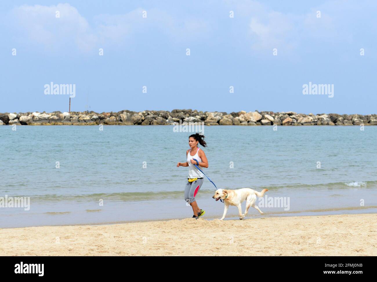 Una donna che fa jogging con il suo cane sulla bellissima spiaggia di Tel-Aviv. Foto Stock