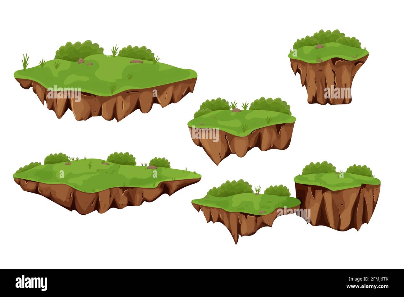 Set Flying Islands con terreno e erba isolati su sfondo bianco, dettagliato in stile cartoon. Risorse di gioco dell'interfaccia utente, sfondo per la posizione, elemento. Fa Illustrazione Vettoriale