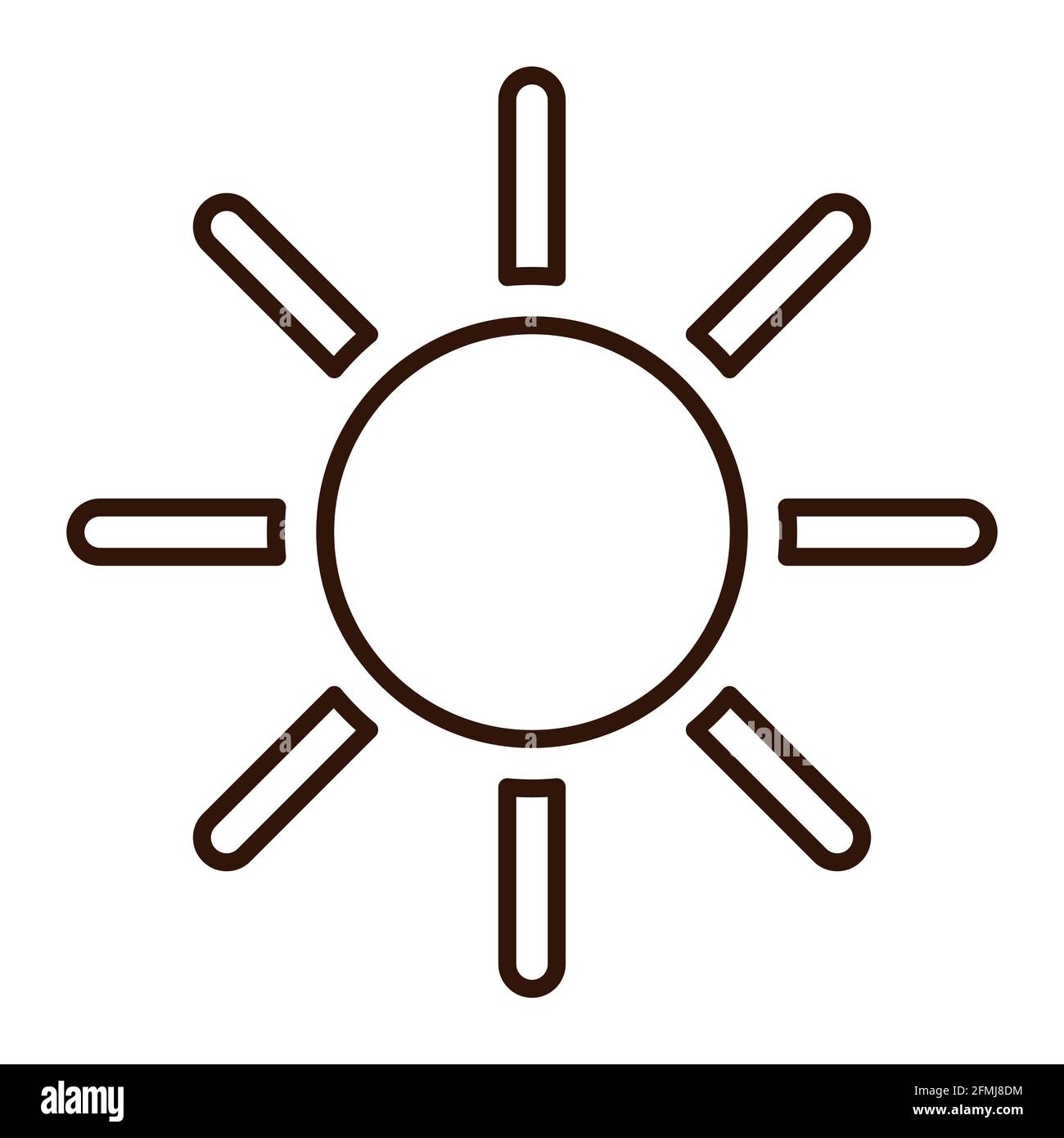 Simbolo sole della linea per logo, web design, adesivi, stampe. Bianco e nero icona vettoriale del tempo estivo piatta, linea sottile Illustrazione Vettoriale
