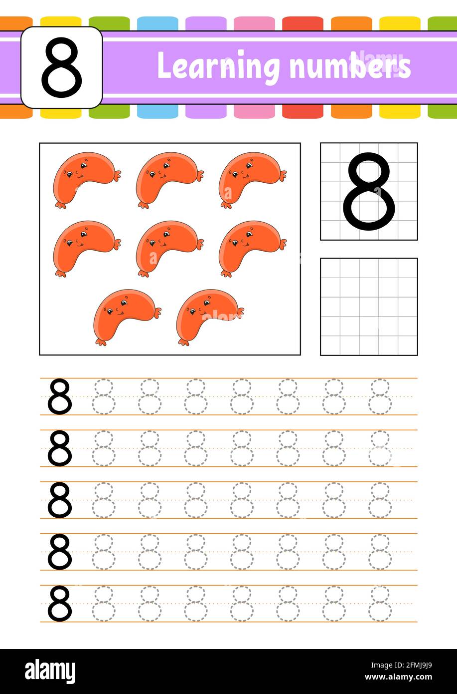 Numero 8. Traccia e scrittura. Pratica di scrittura a mano. Numeri di apprendimento per i bambini. Foglio di lavoro per lo sviluppo dell'istruzione. Pagina attività. Illustrazione del vettore isolato Illustrazione Vettoriale