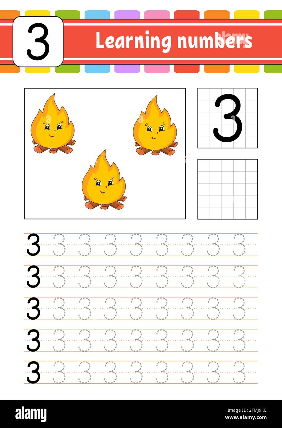 Numero 3. Traccia e scrittura. Pratica di scrittura a mano. Numeri di apprendimento per i bambini. Foglio di lavoro per lo sviluppo dell'istruzione. Pagina attività. Illustrazione del vettore isolato Illustrazione Vettoriale