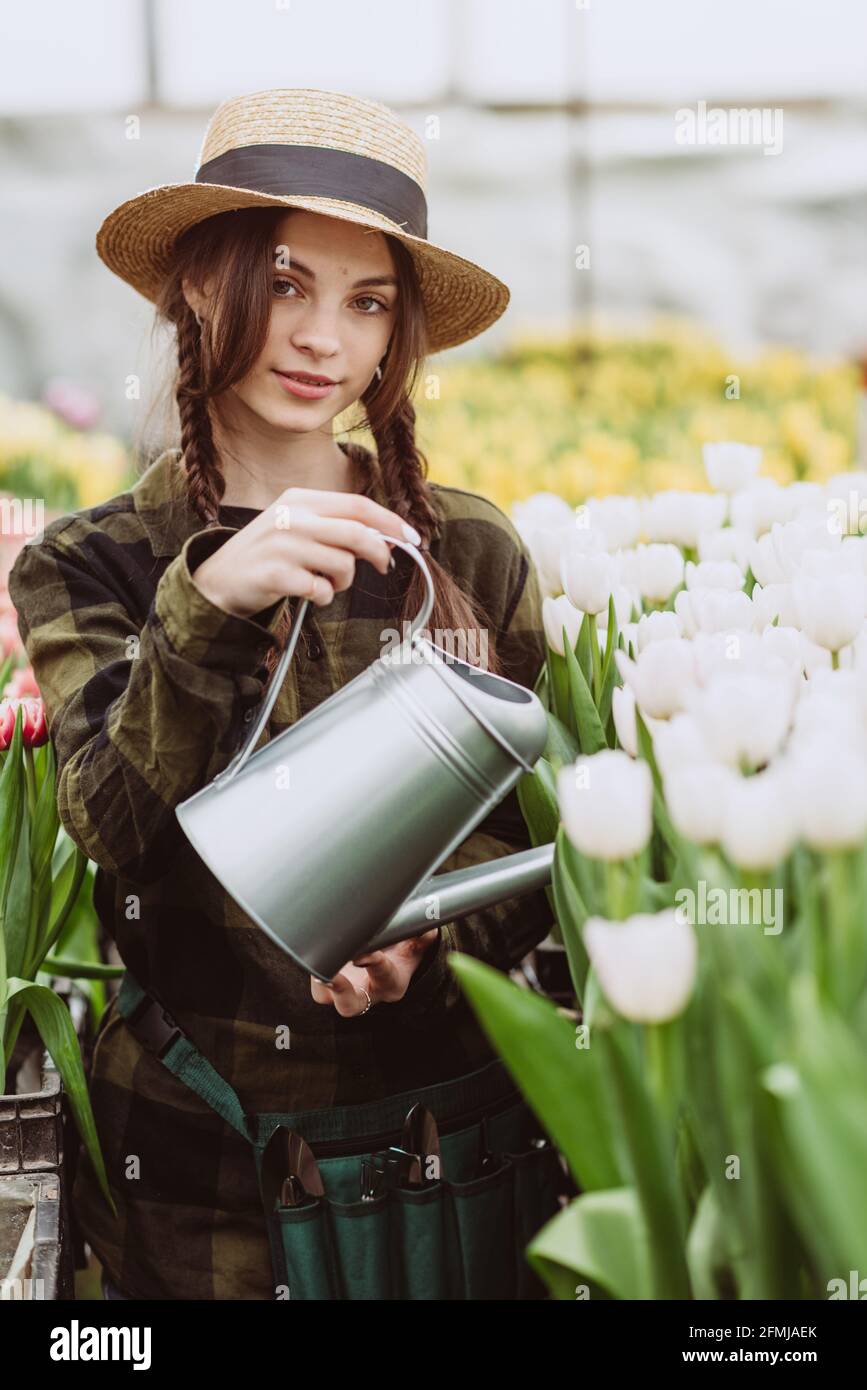 Una donna giardiniere in un cappello e guanti bagnano un letto di fiori di tulipani utilizzando un annaffiatoio. Il concetto di hobby di giardinaggio. Messa a fuoco selettiva e sfocata. Artis Foto Stock