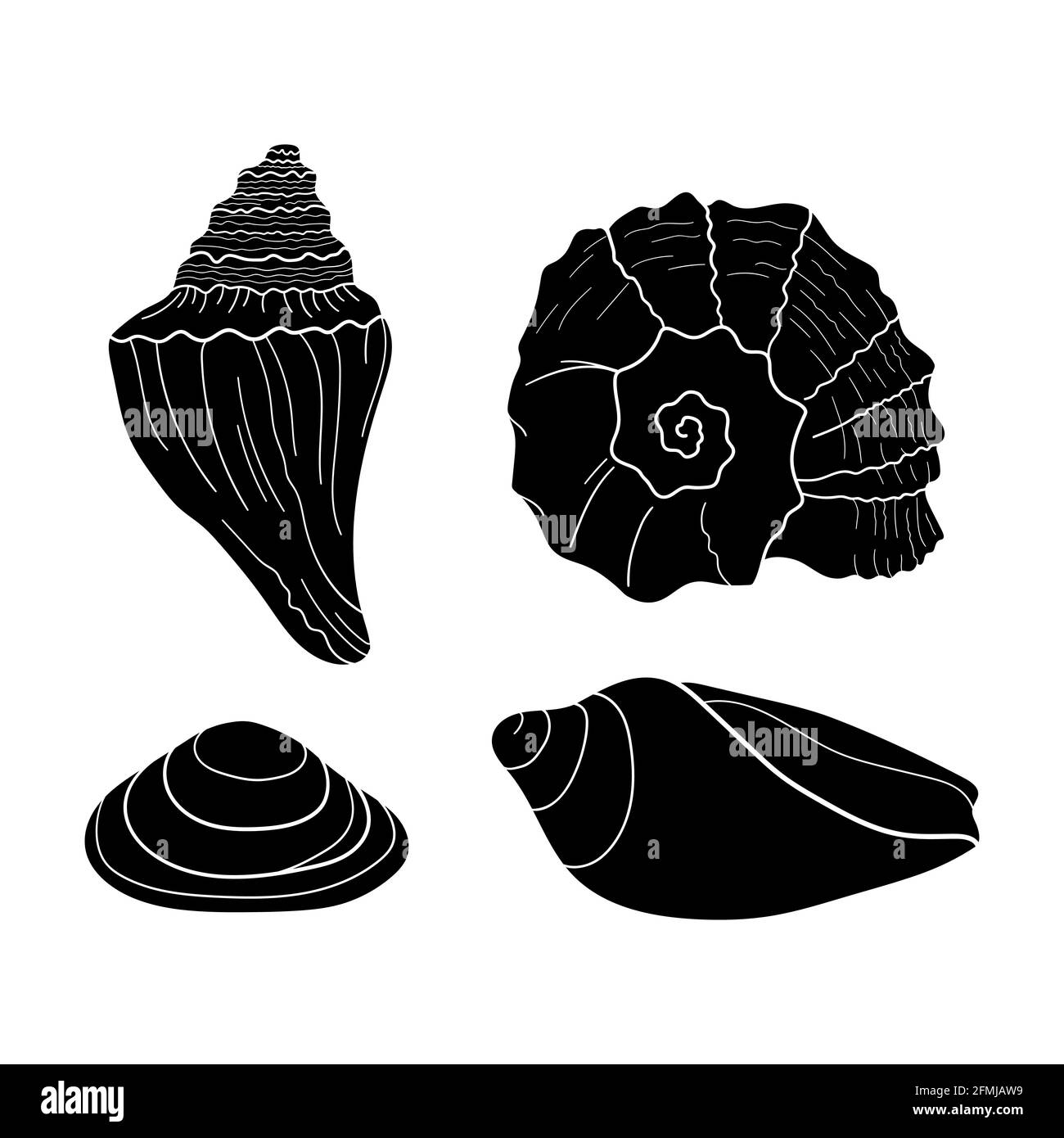 Collezione di silhouette conchiglie diverse forme. Set marino. Illustrazioni vettoriali disegnate a mano. Elemento di progettazione per inviti, biglietti d'auguri Illustrazione Vettoriale
