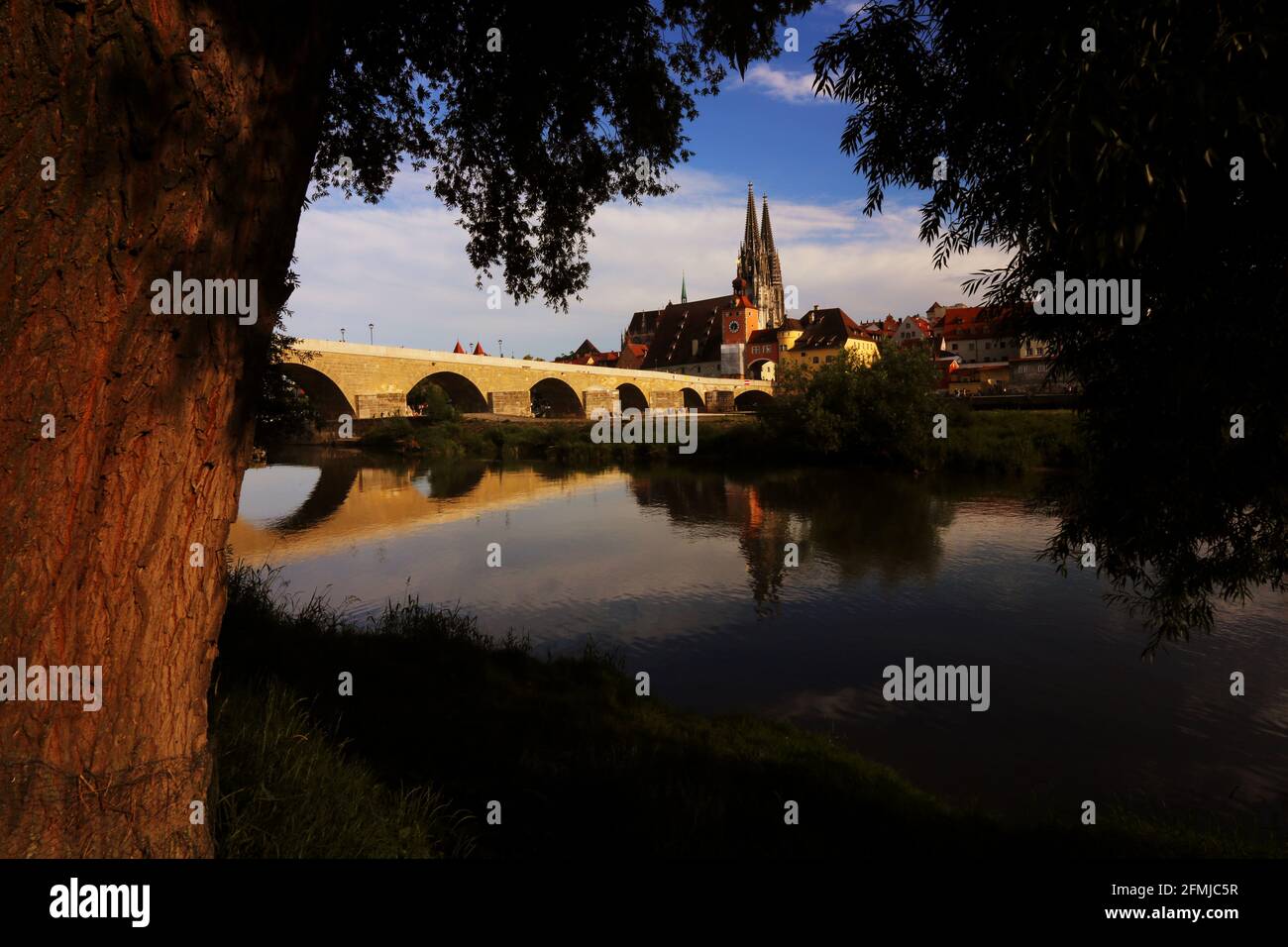 Regensburg, mit Dom und Donau und Steinerner Brücke Foto Stock