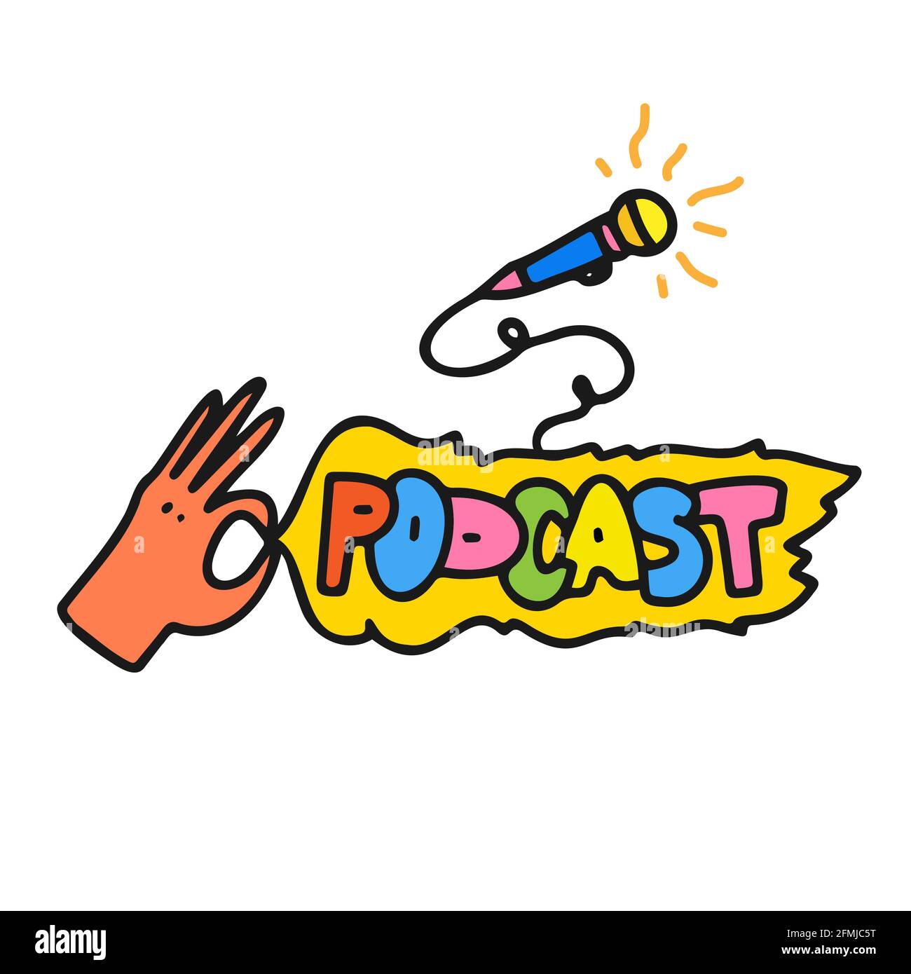 Logo podcast in stile fumetto. La mano tiene un palloncino con la parola podcast e con il microfono. Luminoso e moderno logo cartoon. Per il podcasting, Illustrazione Vettoriale