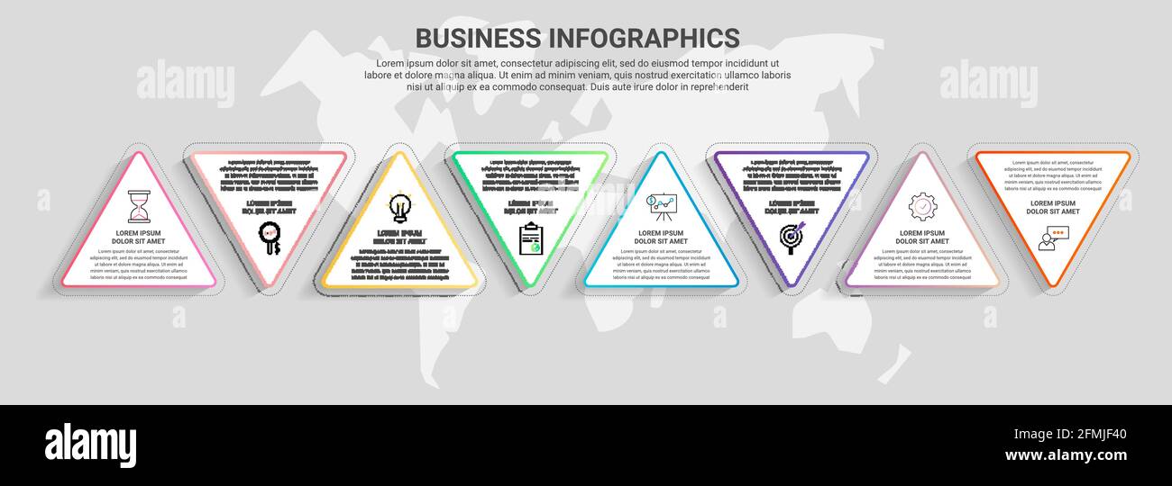 Infografiche vettoriali da triangoli. concetto di timeline a 8 fasi per grafici, dati, siti web, diagrammi, presentazioni e business. Illustrazione Vettoriale