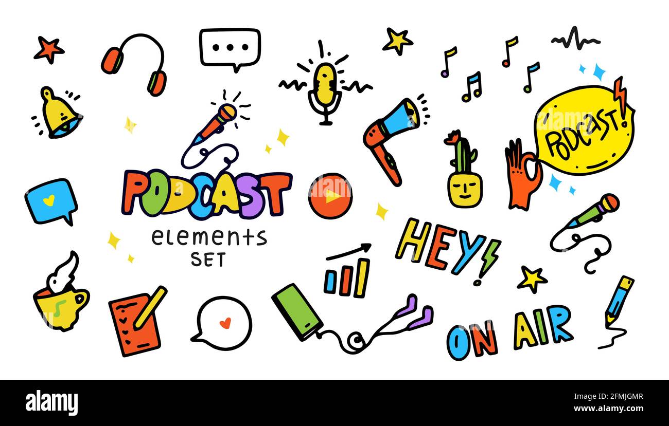 Icone podcast impostate in stile disegnata a mano doodle cartoon. Elementi di design con cuffie, smartphone, fumetto, microfono, campanello di notifica, o Illustrazione Vettoriale