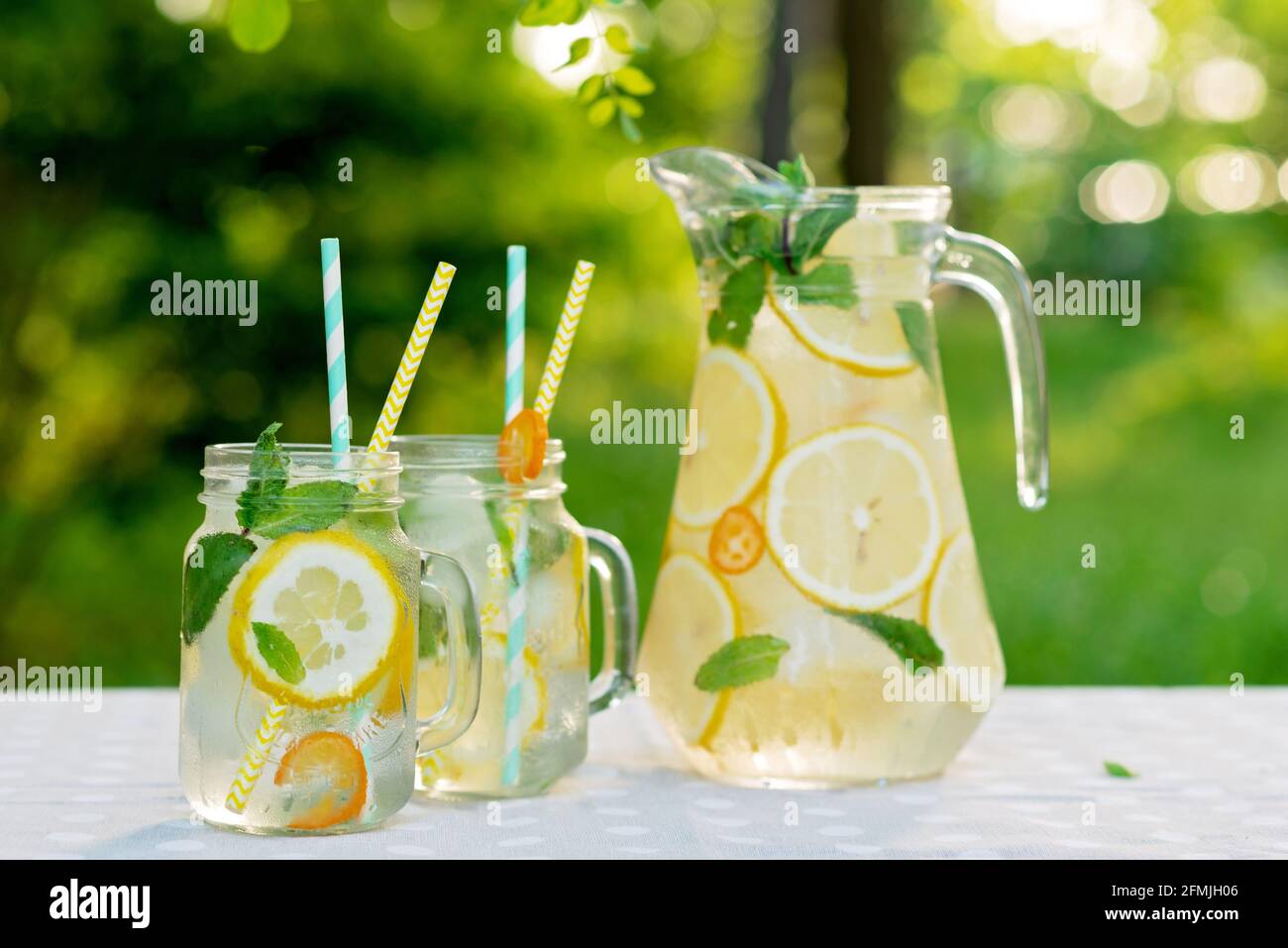 Bevanda rinfrescante alla limonata in una caraffa e vasetti con limoni, menta fresca e ghiaccio su un tavolo da giardino. Picnic estivo all'aperto. Messa a fuoco selettiva morbida. Foto Stock