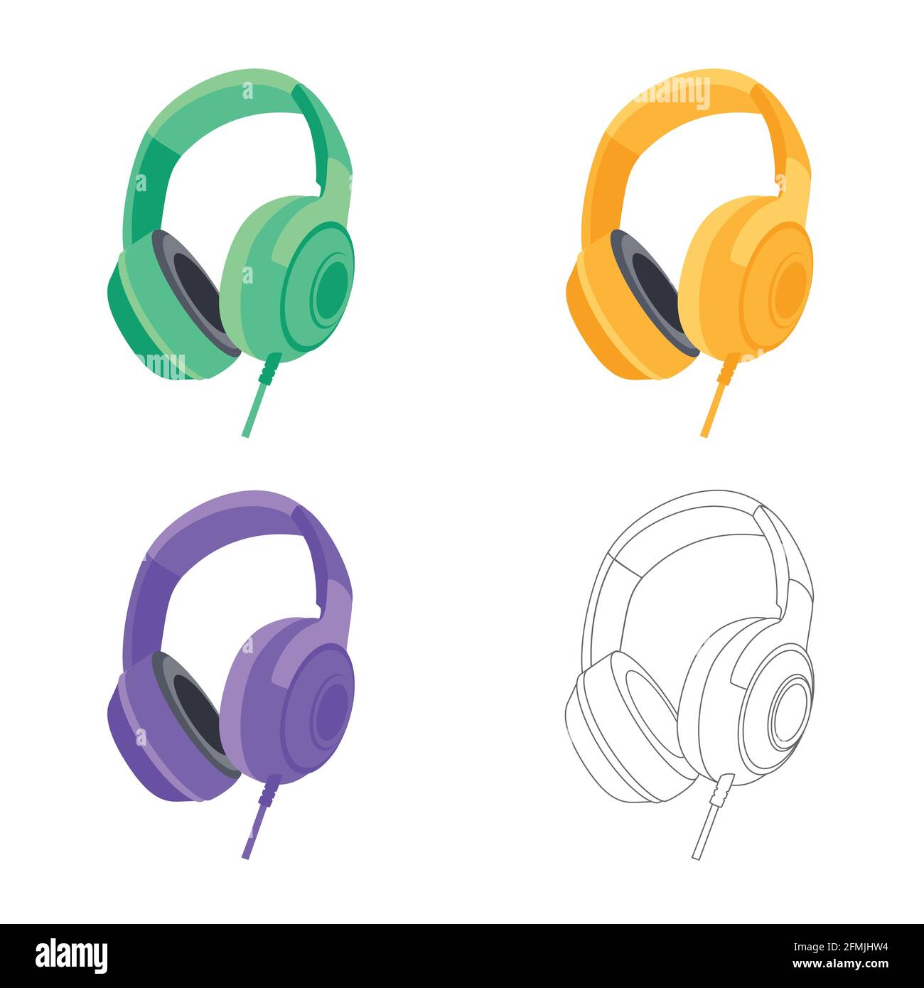 Cuffie colorate isolate su sfondo bianco. Ascolto del concetto musicale. Vettore Illustrazione Vettoriale