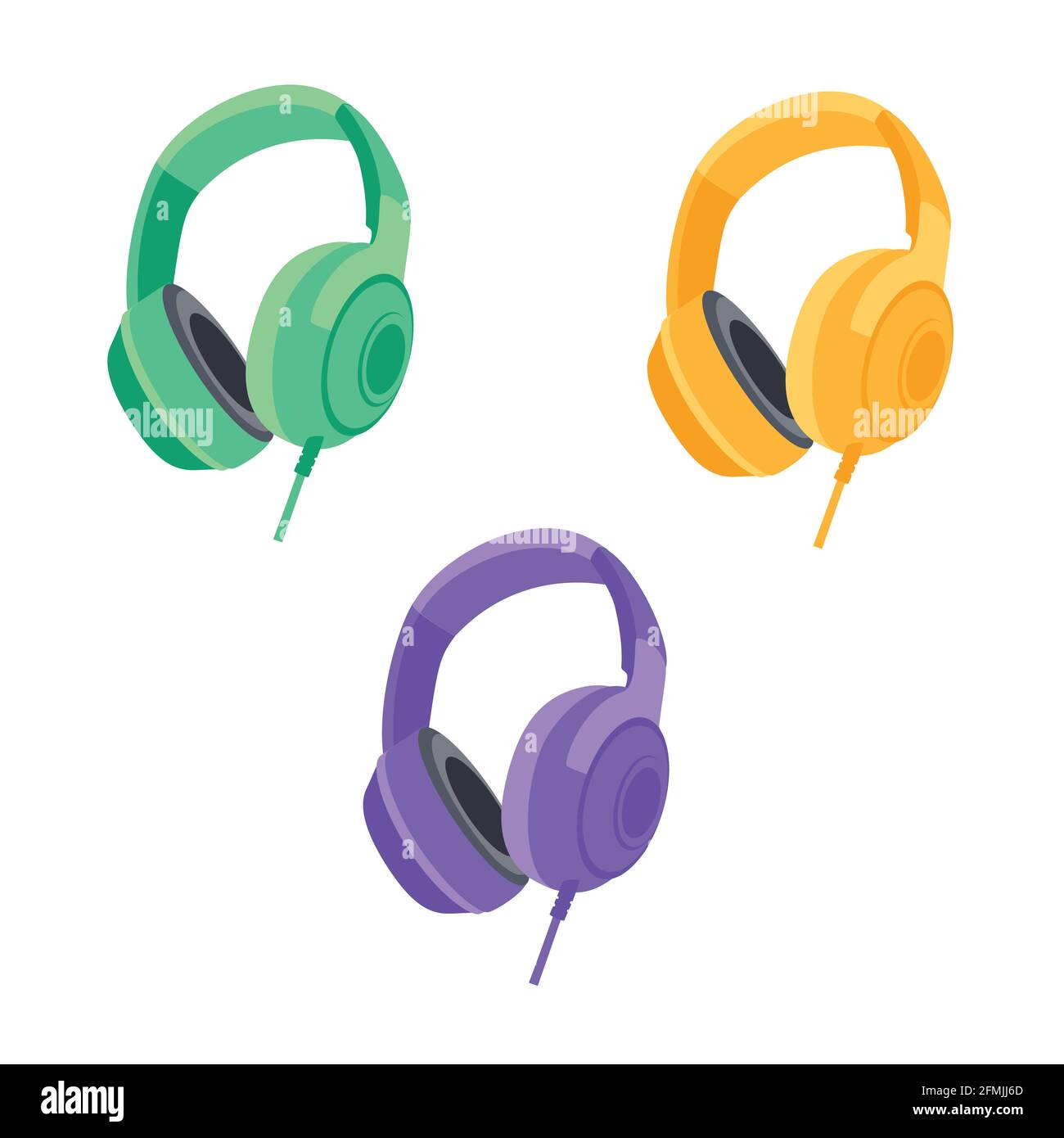 Cuffie colorate isolate su sfondo bianco. Ascolto del concetto musicale. Vettore Illustrazione Vettoriale