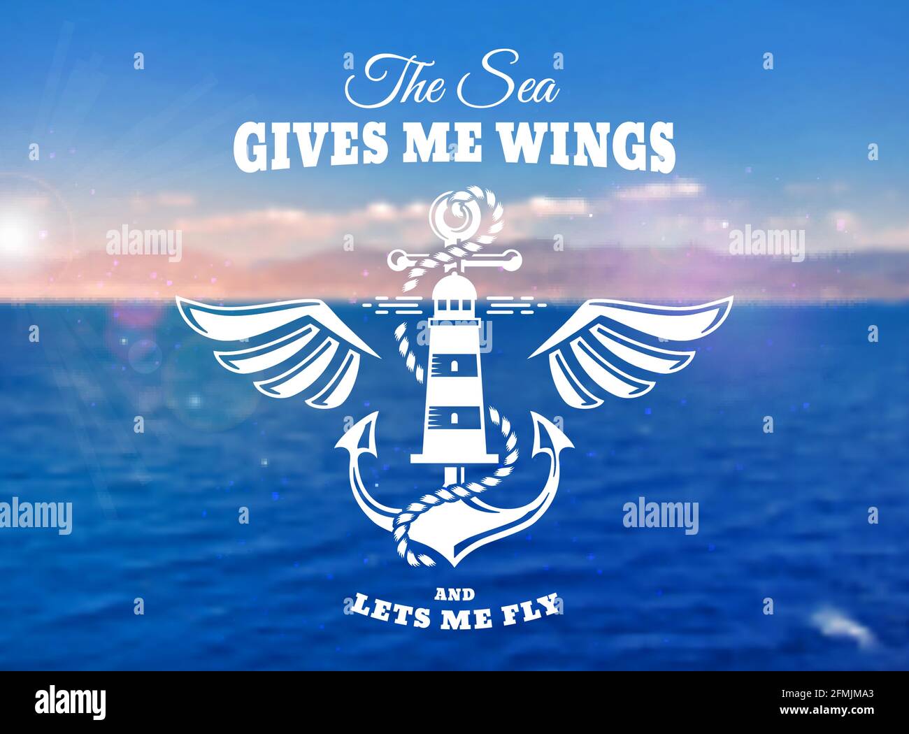 Emblema vettoriale con ancora, ali, faro e citazione ispiratrice. Banner nautico con sfondo mare sfocato. Illustrazione Vettoriale
