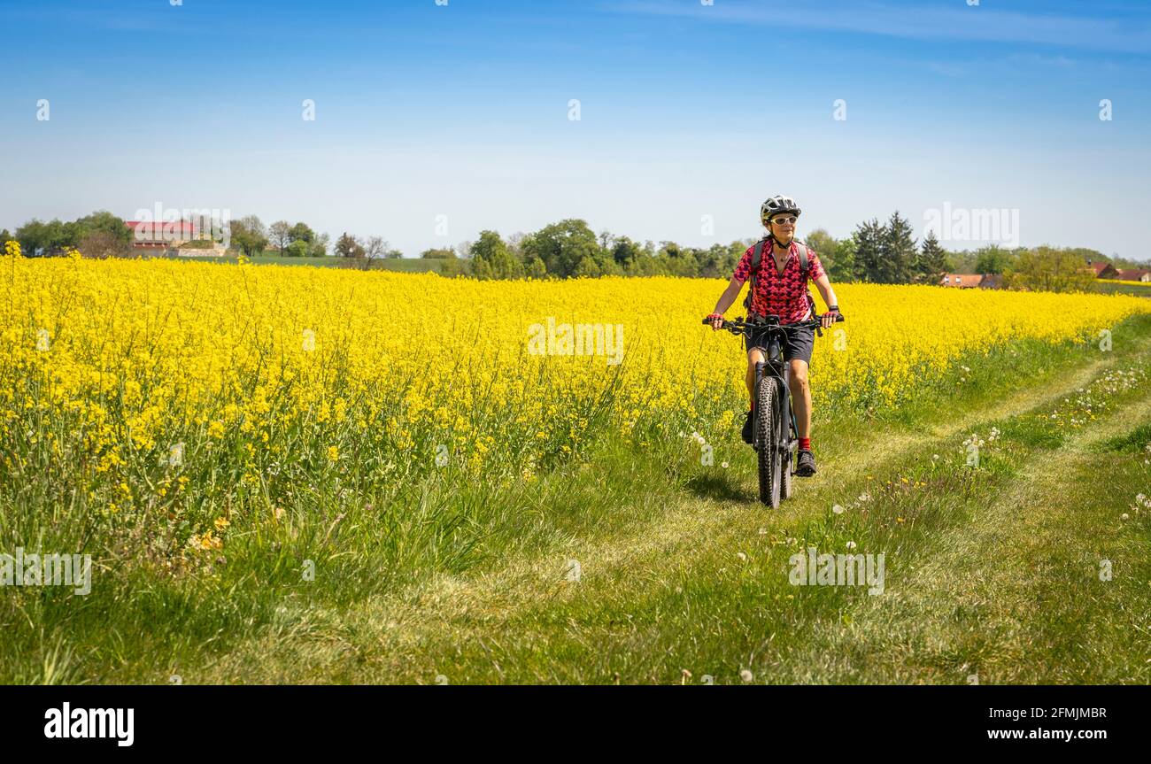 Bella e rimasta giovane donna anziana in mountain bike elettrica in un paesaggio primaverile tra i campi di colza nella zona di Kraichgau vicino a Zaberfeld, Bad Foto Stock