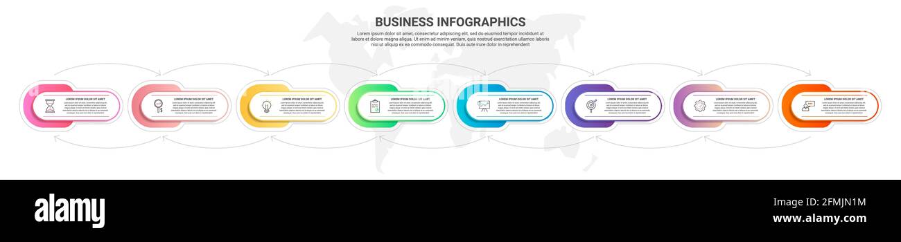 Infografiche vettoriali otto schede di etichette con frecce. Concetto aziendale di 8 fasi, opzioni. Modello infografico per diagramma, business, web, banner Illustrazione Vettoriale