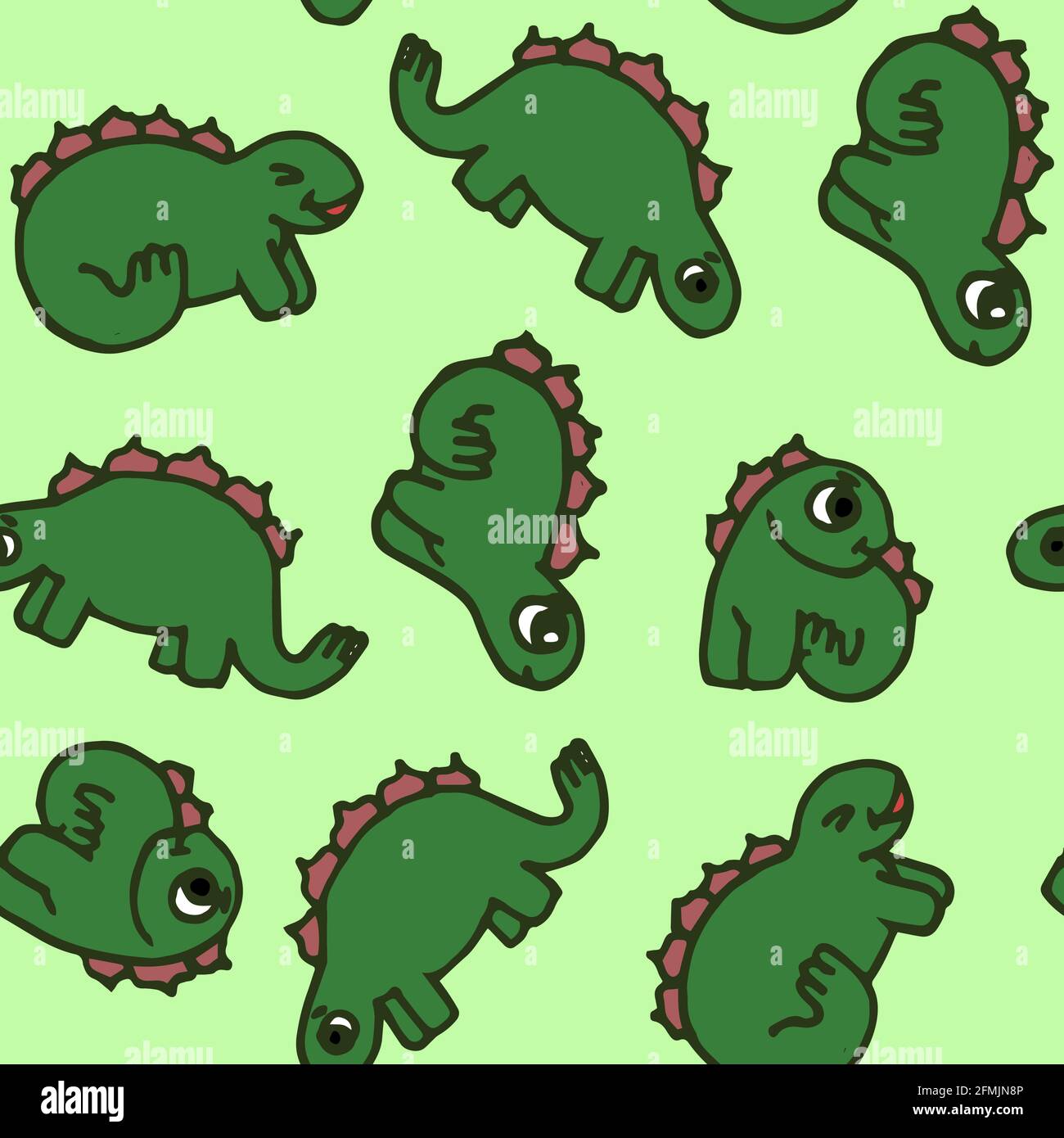 Simpatico dinosauro divertente. Illustrazione dino senza cuciture. Stile di schizzo cartoon. Disegno di contorno di mano di animale. Vettore Illustrazione Vettoriale