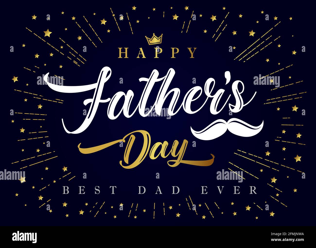 Happy Pads Day, miglior papà mai calligrafia poster. Banner tipografico di promozione del giorno del Padre con corona, baffi e travi dorate. Illus vettore Illustrazione Vettoriale